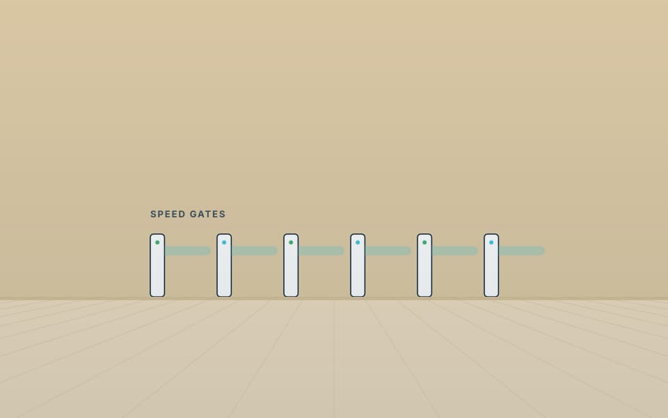 Row of speed gates at an office entrance, in daylight