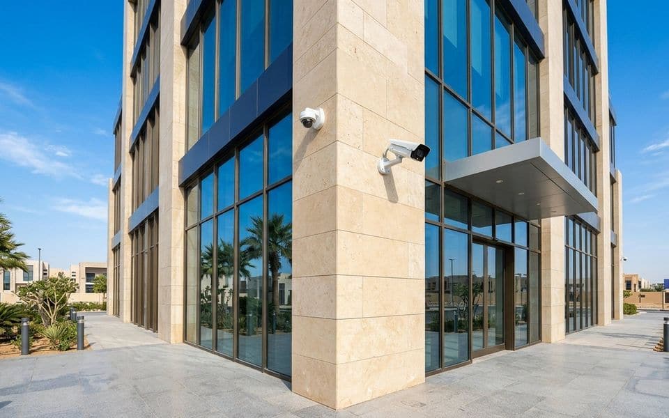 Building facade with external cameras covering the approaches, in daylight
