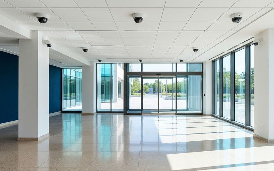 Ceiling dome cameras watching a lobby entrance door, in daylight
