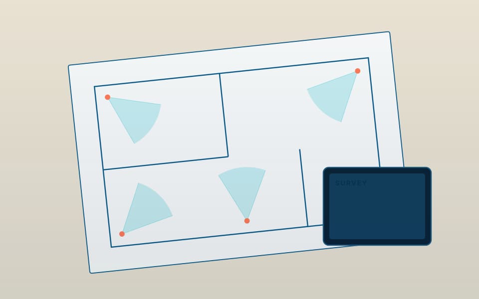 Survey drawing with camera positions and fields of view, in daylight