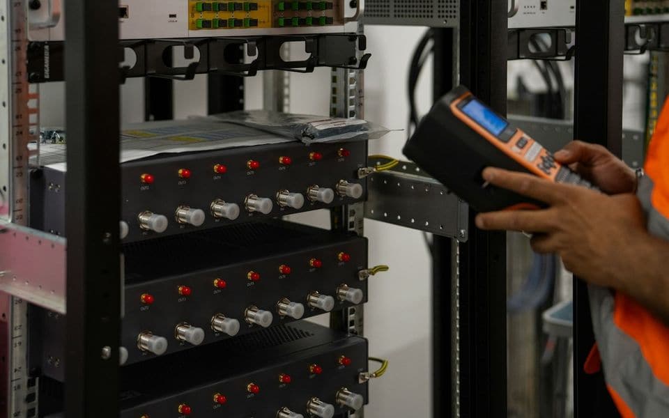Technician testing network patch panel cabling using a handheld diagnostic tool