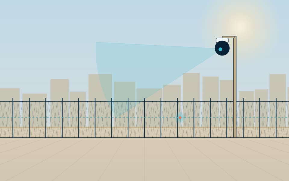 Perimeter fence with detection and a PTZ camera pole, in daylight
