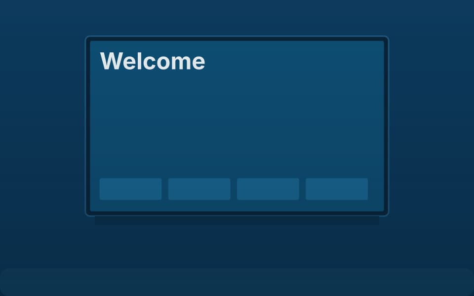 Guest room television with a welcome screen (detail), at night