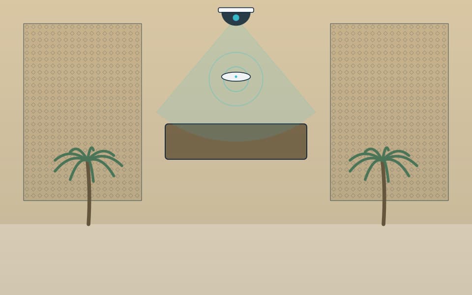 Hotel lobby with discreet ceiling devices, in daylight